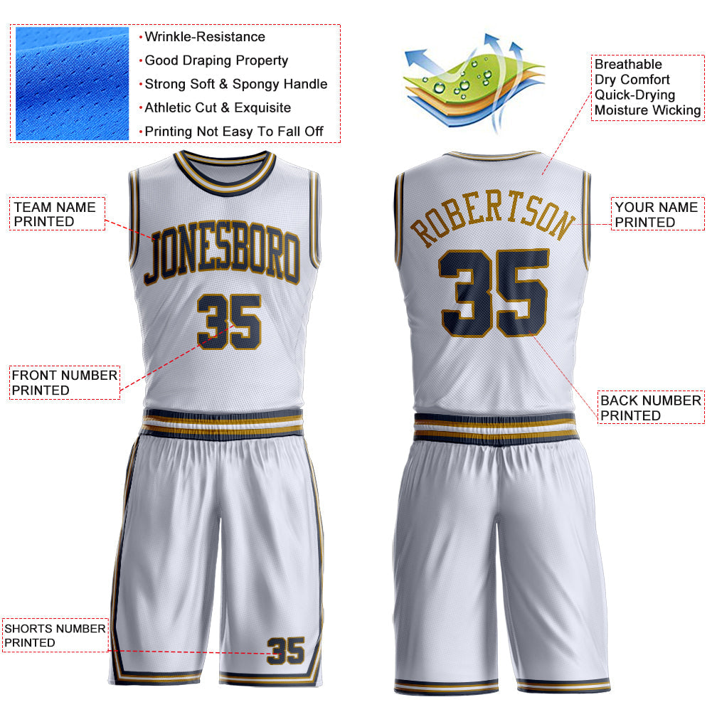 Custom White Navy-Old Gold Round Neck Basketball Uniform Jersey view 4