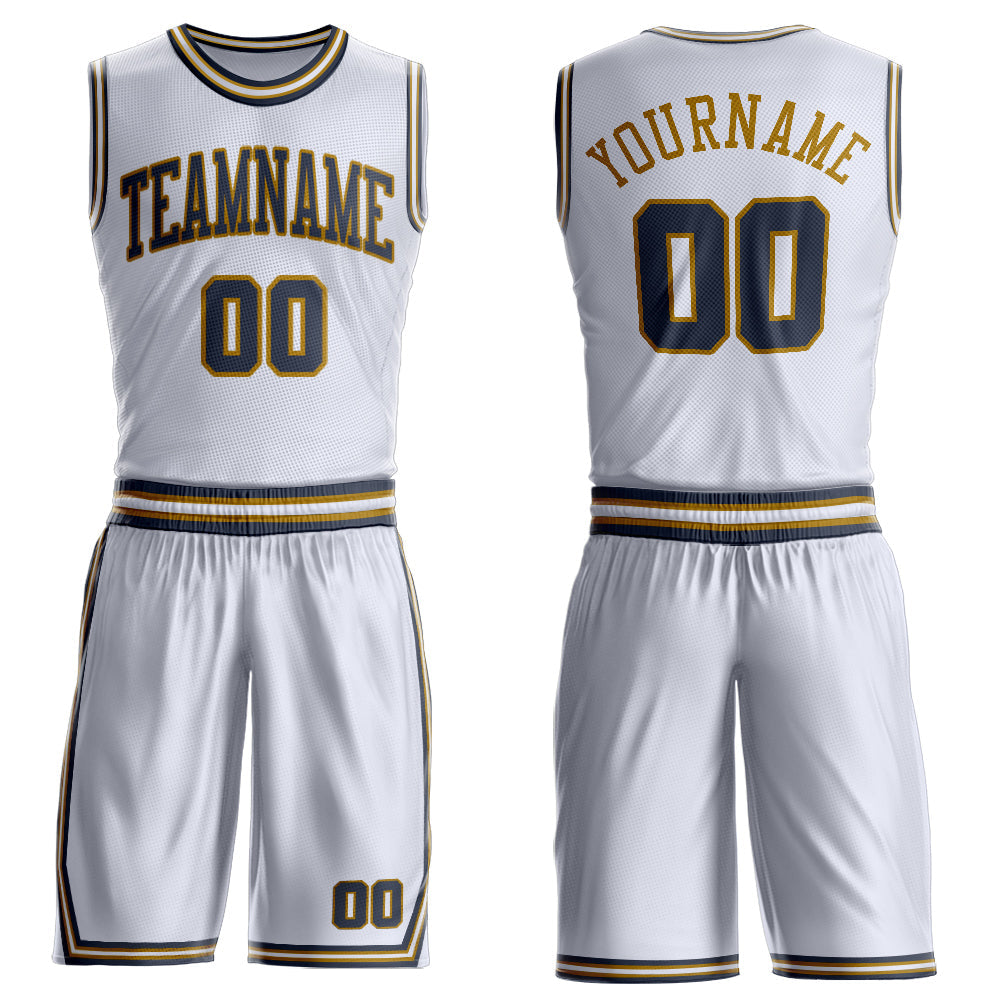 Custom White Navy-Old Gold Round Neck Basketball Uniform Jersey - Main View