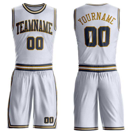 Custom White Navy-Old Gold Round Neck Basketball Uniform Jersey - Main View
