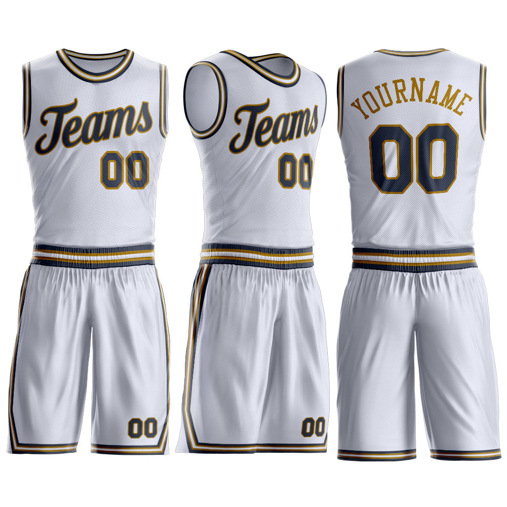 Custom White Navy-Old Gold Round Neck Basketball Uniform Jersey view 3