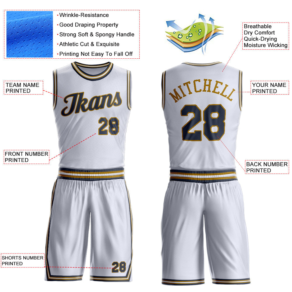 Custom White Navy-Old Gold Round Neck Basketball Uniform Jersey view 4