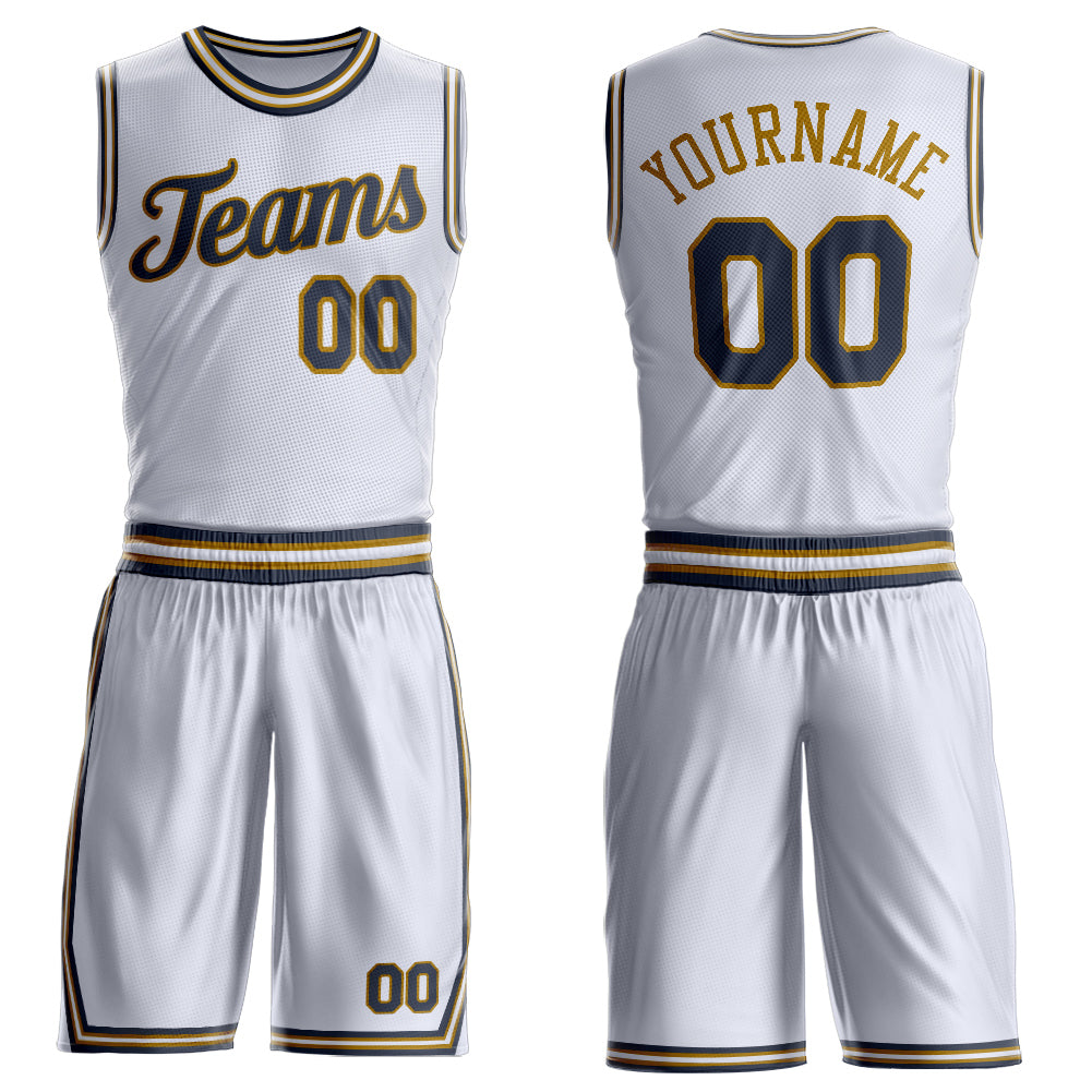Custom White Navy-Old Gold Round Neck Basketball Uniform Jersey - Main View
