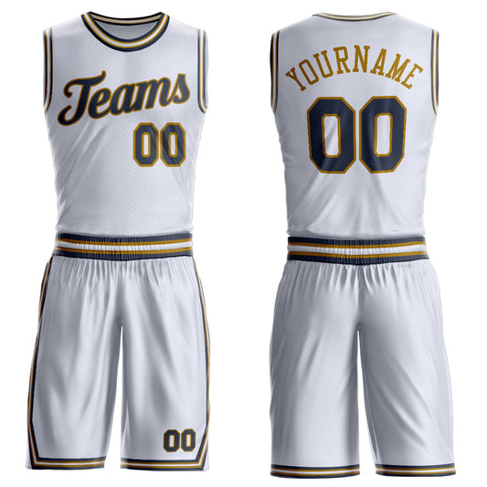 Custom White Navy-Old Gold Round Neck Basketball Uniform Jersey - Main View
