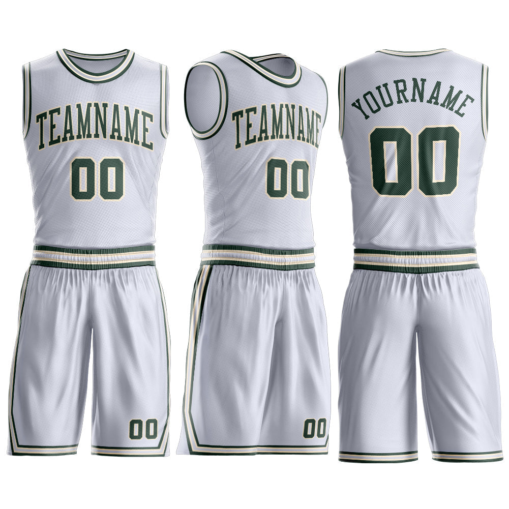 Custom White Green-Cream Round Neck Basketball Uniform Jersey view 3