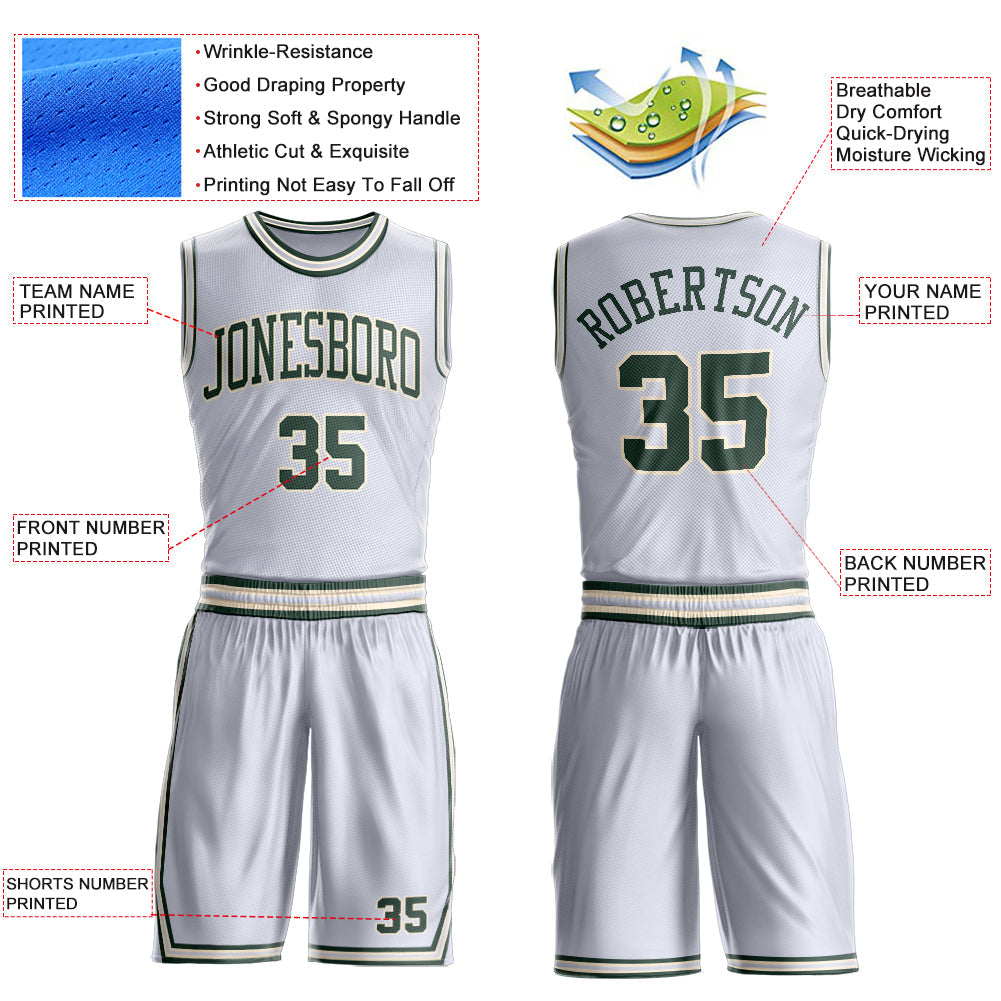 Custom White Green-Cream Round Neck Basketball Uniform Jersey view 4