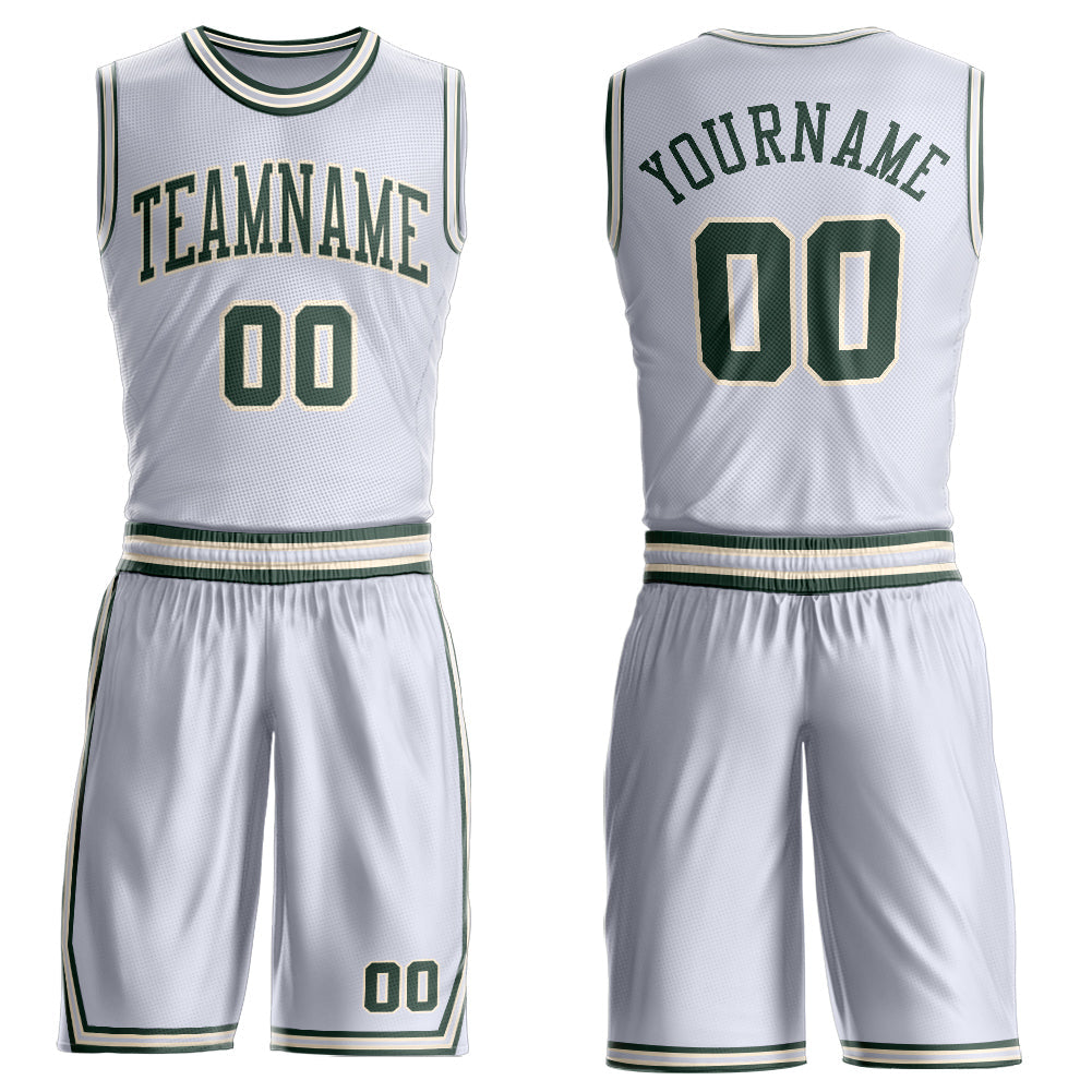 Custom White Green-Cream Round Neck Basketball Uniform Jersey - Main View