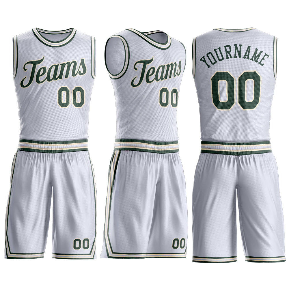 Custom White Green-Cream Round Neck Basketball Uniform Jersey view 3