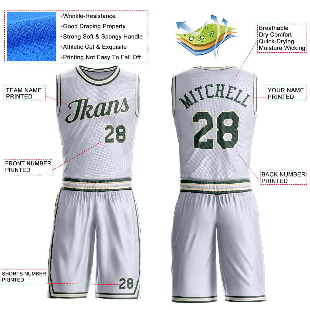 Custom White Green-Cream Round Neck Basketball Uniform Jersey view 4