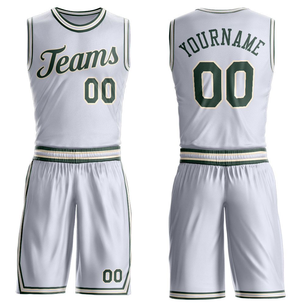 Custom White Green-Cream Round Neck Basketball Uniform Jersey - Main View