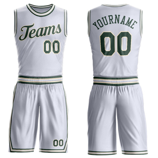 Custom White Green-Cream Round Neck Basketball Uniform Jersey - Main View