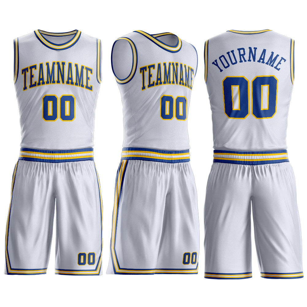 Custom White Royal-Gold Round Neck Basketball Uniform Jersey view 3