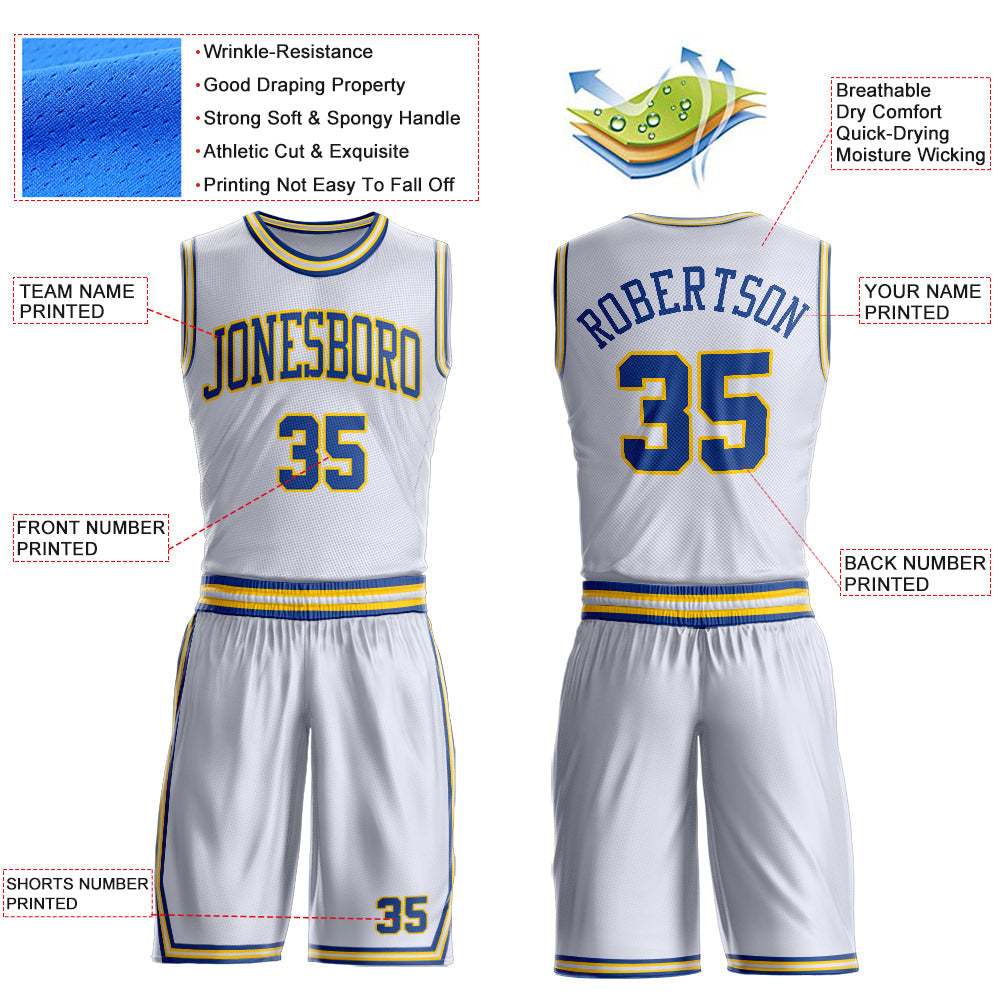 Custom White Royal-Gold Round Neck Basketball Uniform Jersey view 4