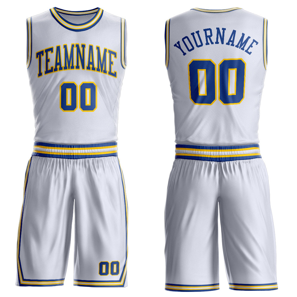 Custom White Royal-Gold Round Neck Basketball Uniform Jersey - Main View