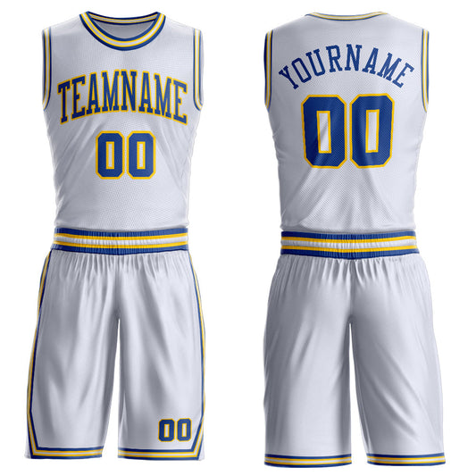 Custom White Royal-Gold Round Neck Basketball Uniform Jersey - Main View