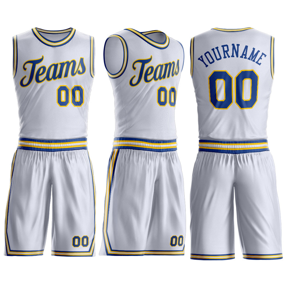 Custom White Royal-Gold Round Neck Basketball Uniform Jersey view 3