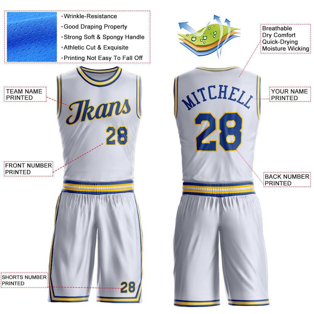 Custom White Royal-Gold Round Neck Basketball Uniform Jersey view 4