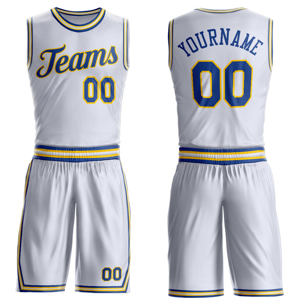 Custom White Royal-Gold Round Neck Basketball Uniform Jersey - Main View