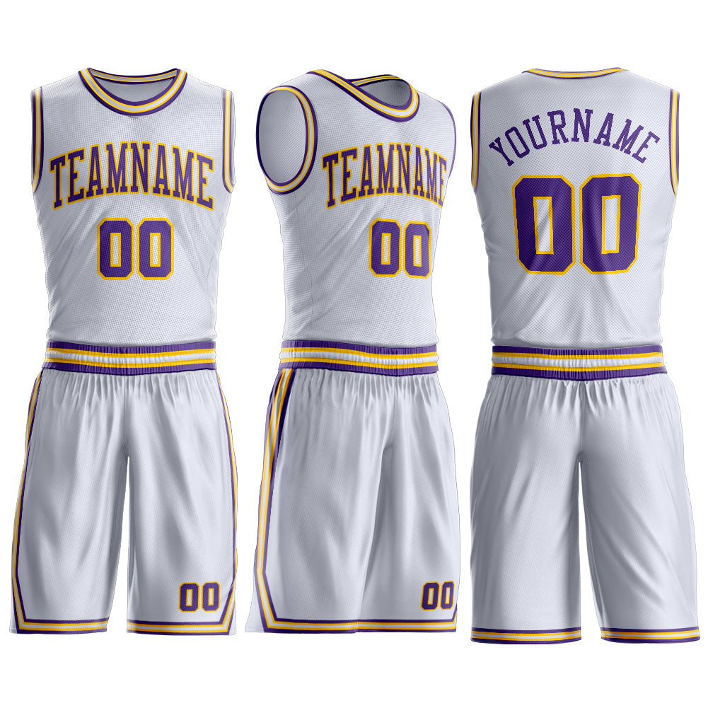 Custom White Purple-Gold Round Neck Basketball Uniform Jersey view 3