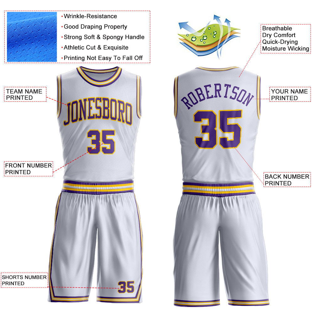 Custom White Purple-Gold Round Neck Basketball Uniform Jersey view 4