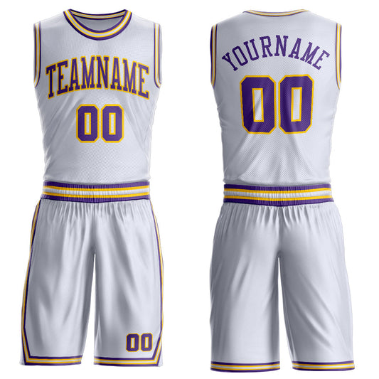 Custom White Purple-Gold Round Neck Basketball Uniform Jersey - Main View