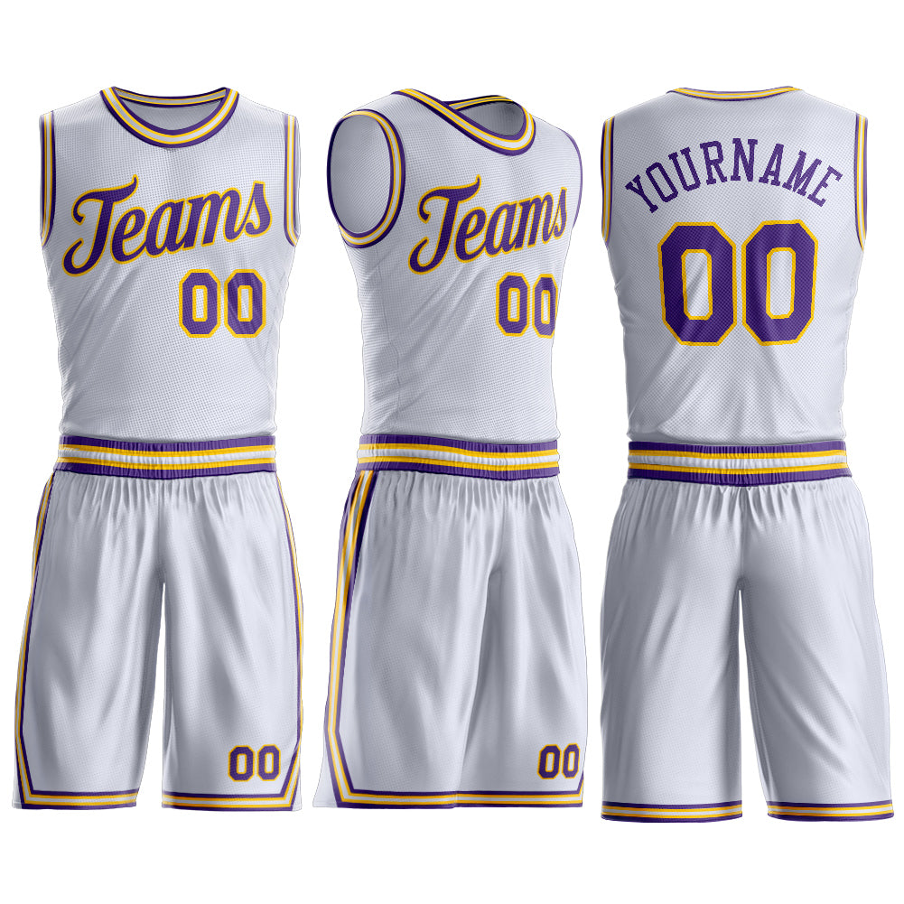 Custom White Purple-Gold Round Neck Basketball Uniform Jersey view 3