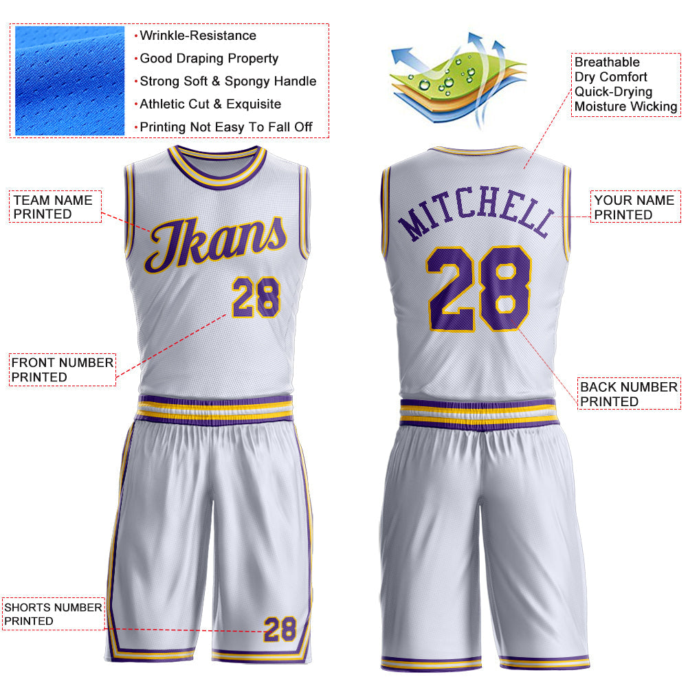 Custom White Purple-Gold Round Neck Basketball Uniform Jersey view 4