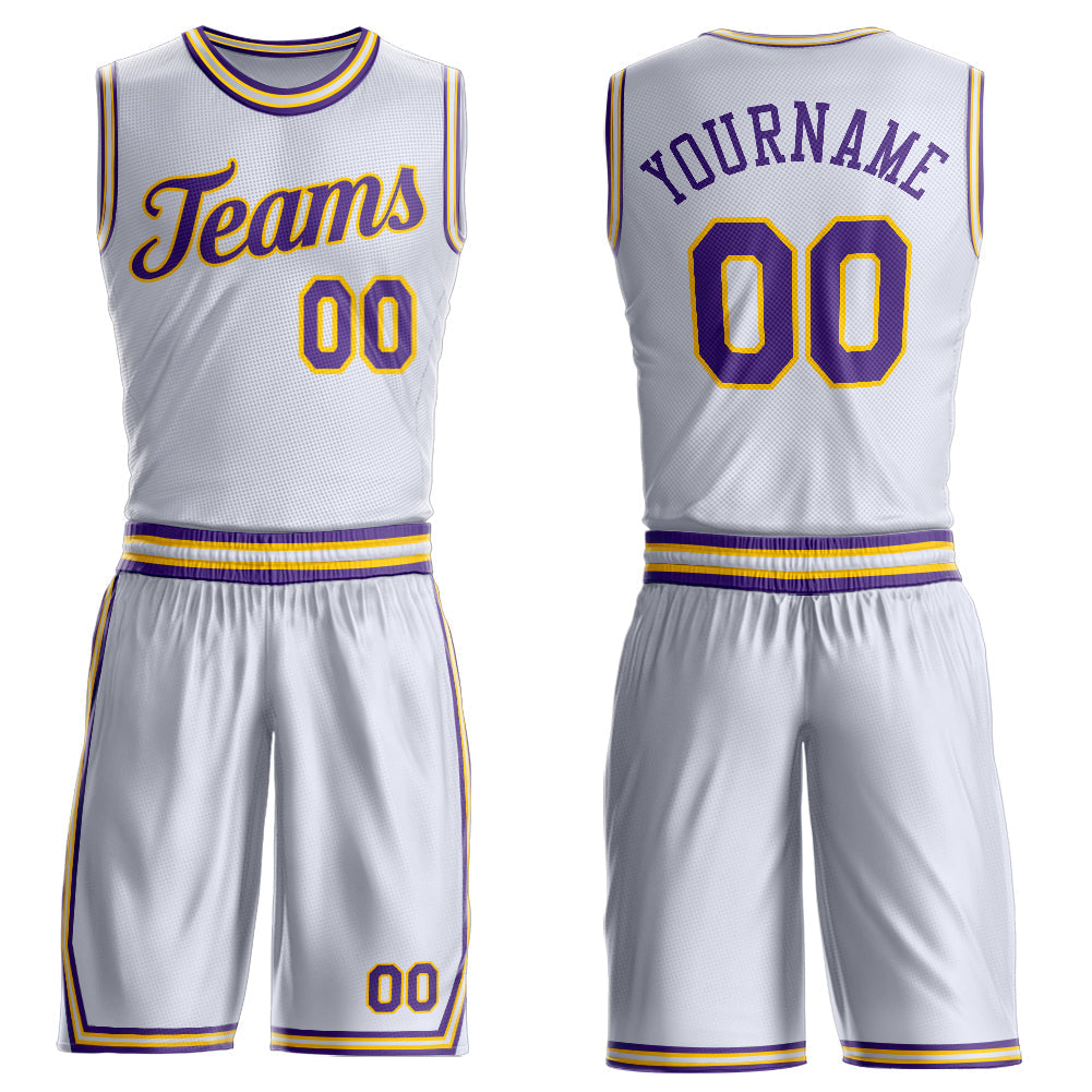 Custom White Purple-Gold Round Neck Basketball Uniform Jersey - Main View