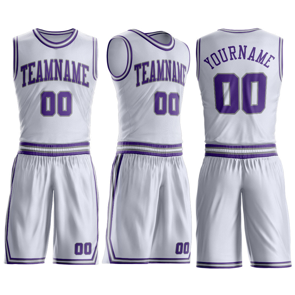 Custom White Purple-Gray Round Neck Basketball Uniform Jersey view 3