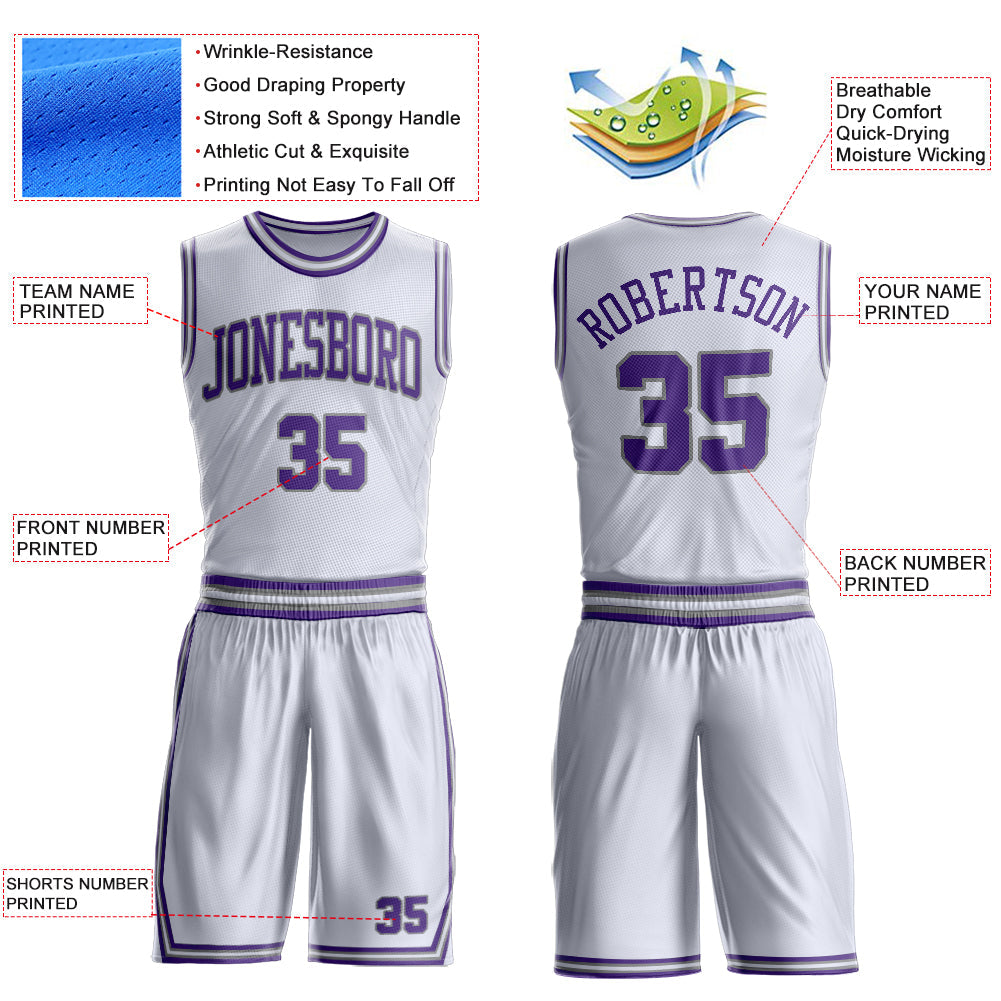 Custom White Purple-Gray Round Neck Basketball Uniform Jersey view 4