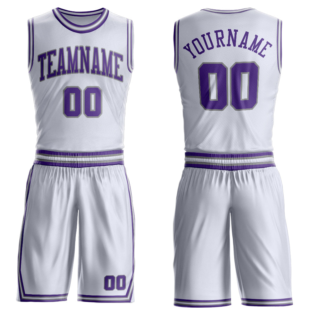 Custom White Purple-Gray Round Neck Basketball Uniform Jersey - Main View