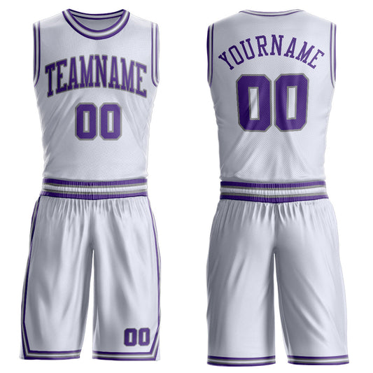 Custom White Purple-Gray Round Neck Basketball Uniform Jersey - Main View