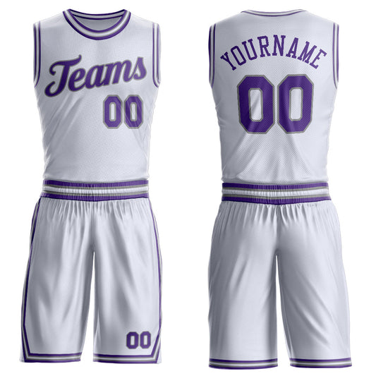 Custom White Purple-Gray Round Neck Basketball Uniform Jersey - Main View