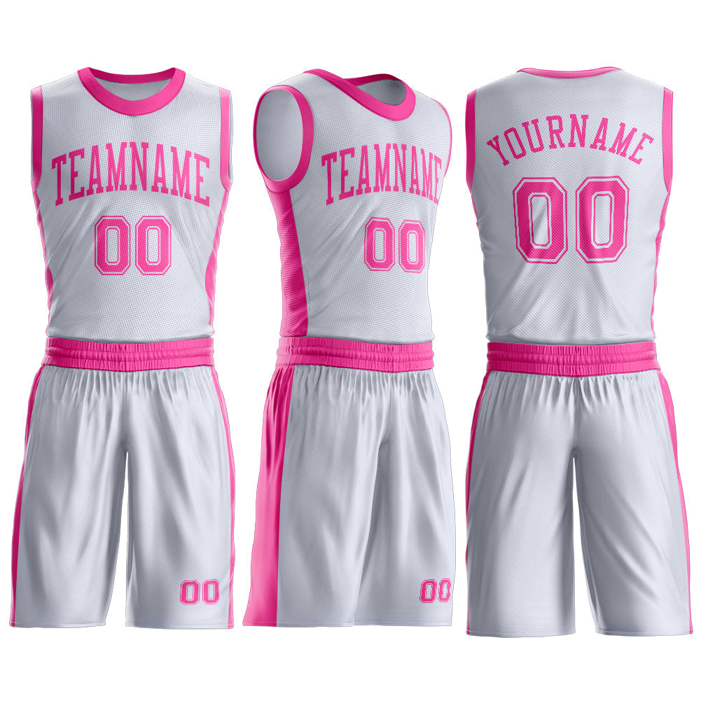 Custom White Pink Round Neck Basketball Uniform Jersey view 3