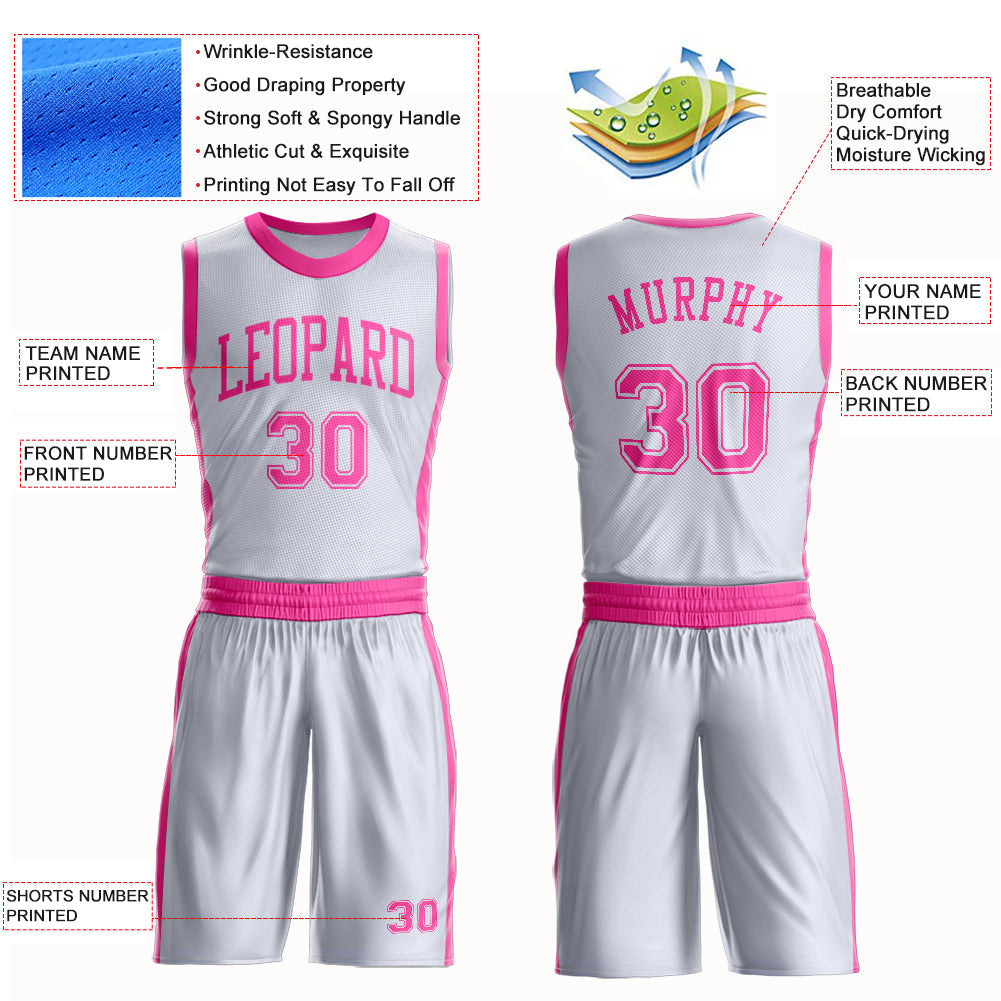 Custom White Pink Round Neck Basketball Uniform Jersey view 4
