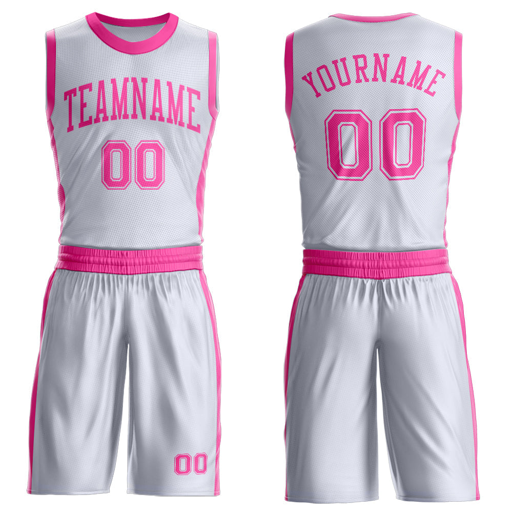 Custom White Pink Round Neck Basketball Uniform Jersey - Main View