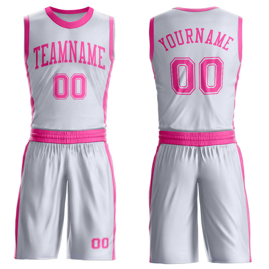 Custom White Pink Round Neck Basketball Uniform Jersey - Main View