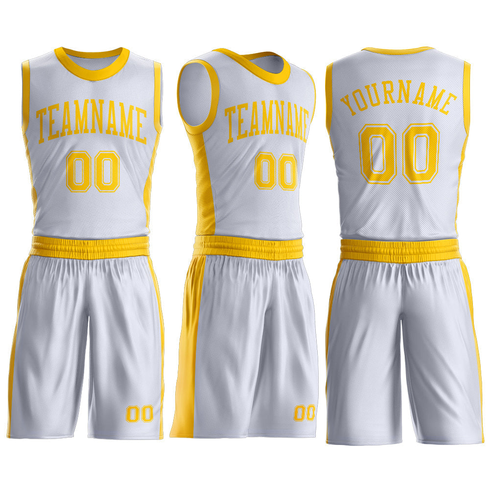 Custom White Gold Round Neck Basketball Uniform Jersey view 3