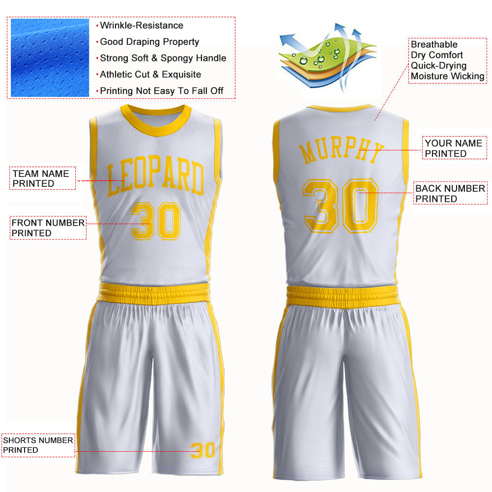 Custom White Gold Round Neck Basketball Uniform Jersey view 4