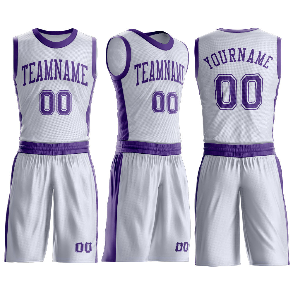 Custom White Purple Round Neck Basketball Uniform Jersey view 3