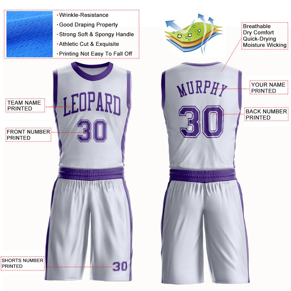Custom White Purple Round Neck Basketball Uniform Jersey view 4
