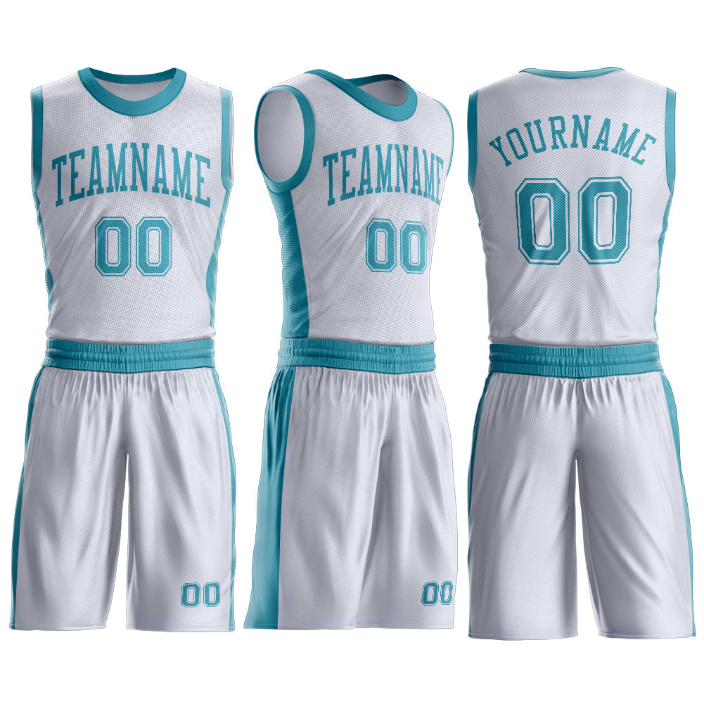 Custom White Teal Round Neck Basketball Uniform Jersey view 3