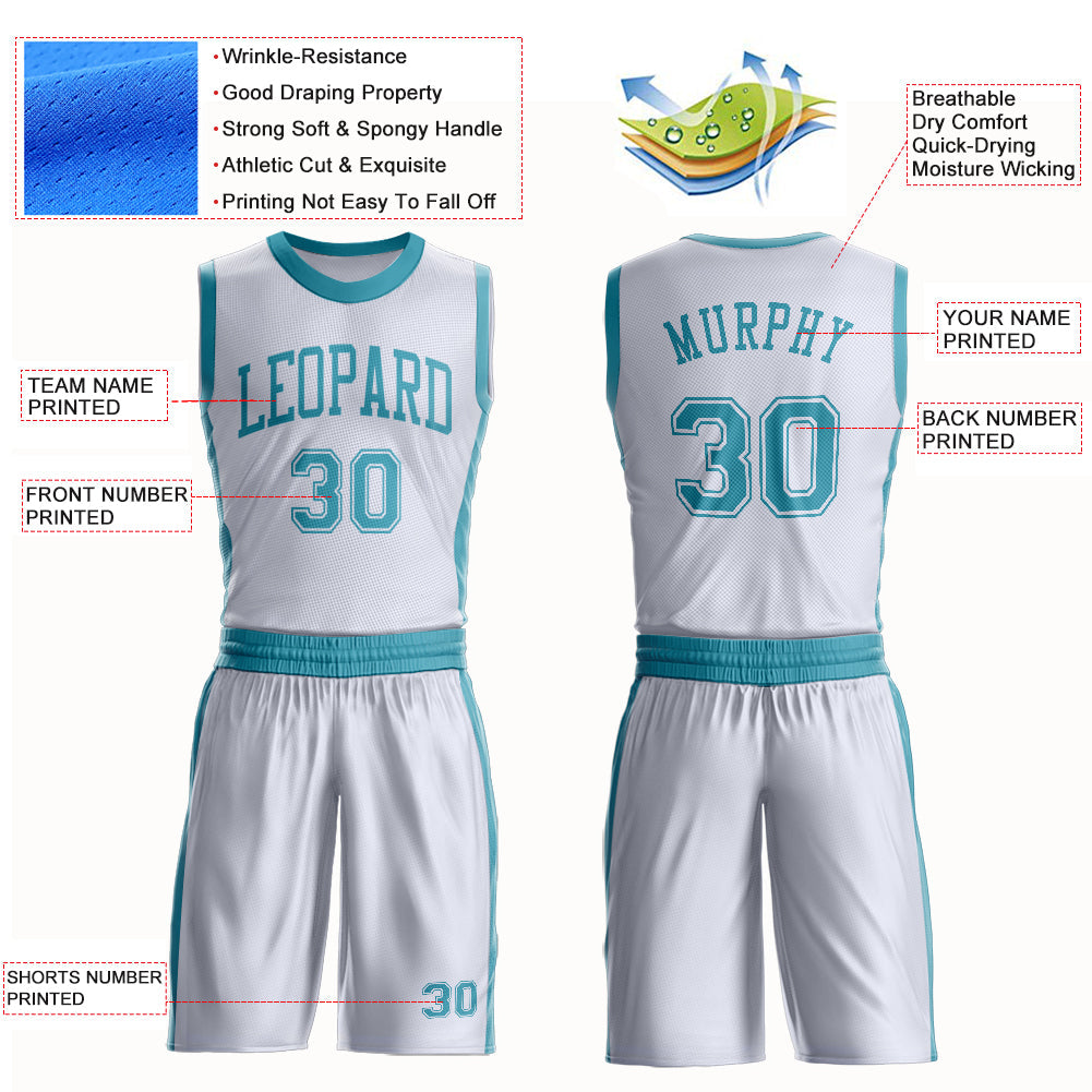 Custom White Teal Round Neck Basketball Uniform Jersey view 4