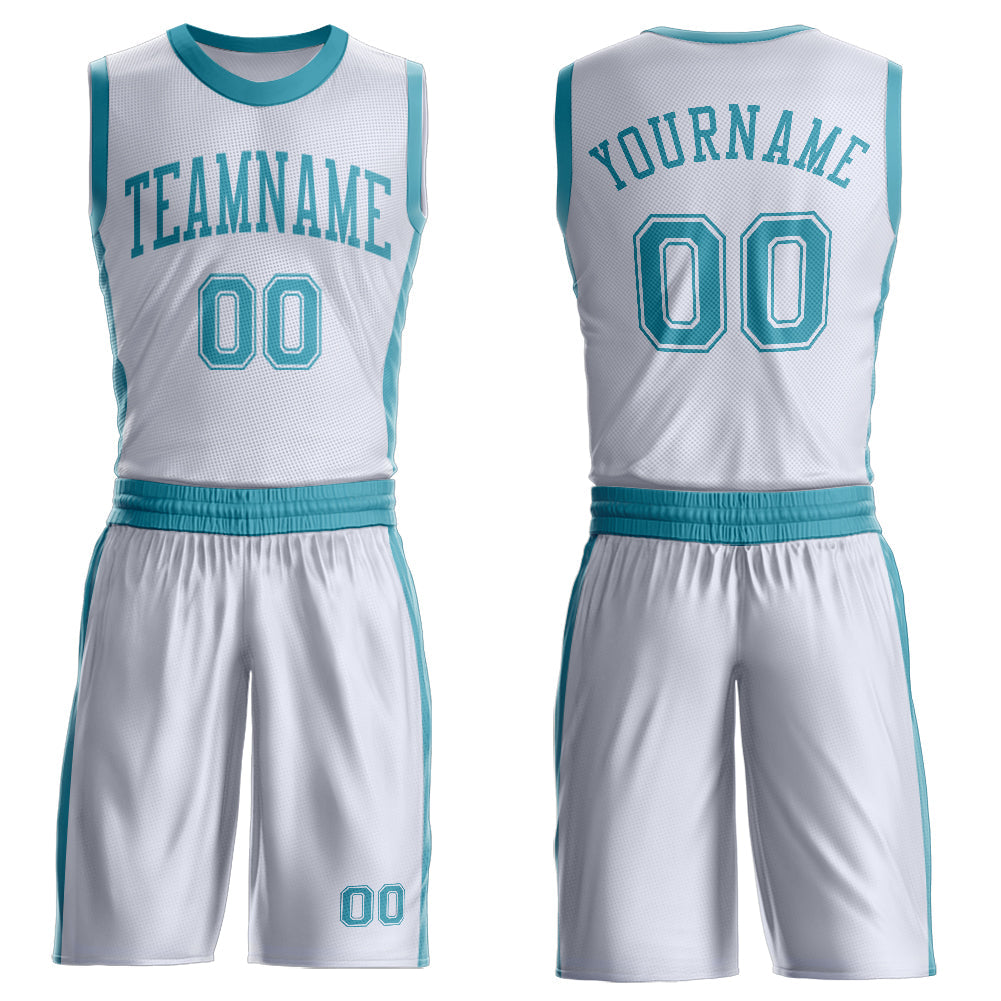Custom White Teal Round Neck Basketball Uniform Jersey - Main View