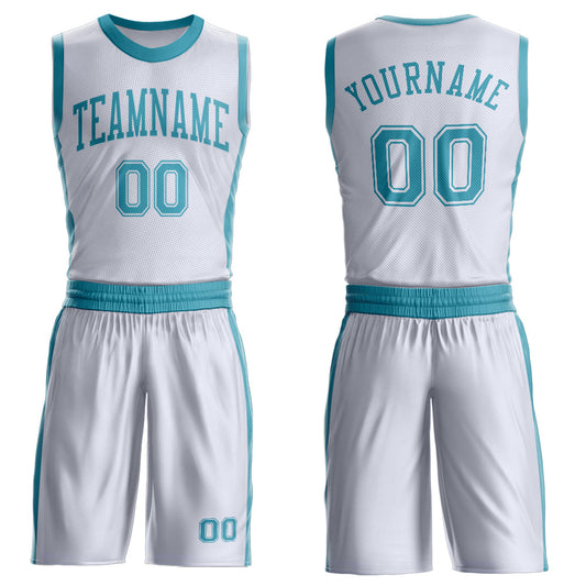 Custom White Teal Round Neck Basketball Uniform Jersey - Main View