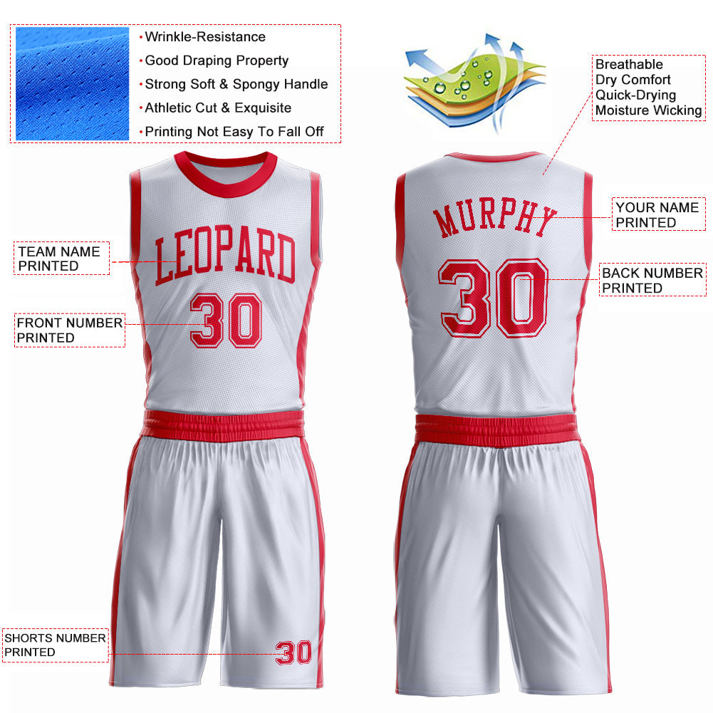 Custom White Red Round Neck Basketball Uniform Jersey view 4