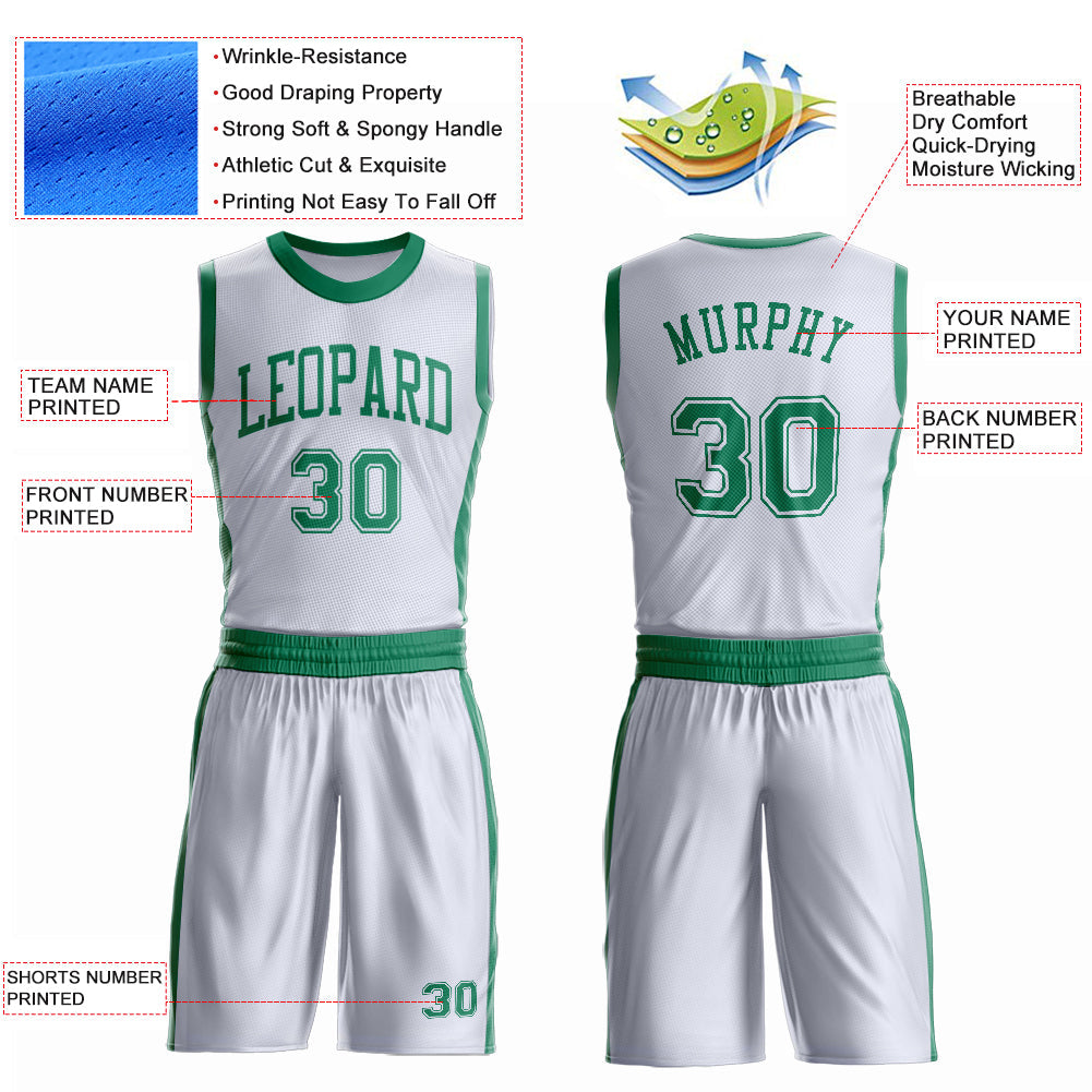 Custom White Kelly Green Round Neck Basketball Uniform Jersey view 4