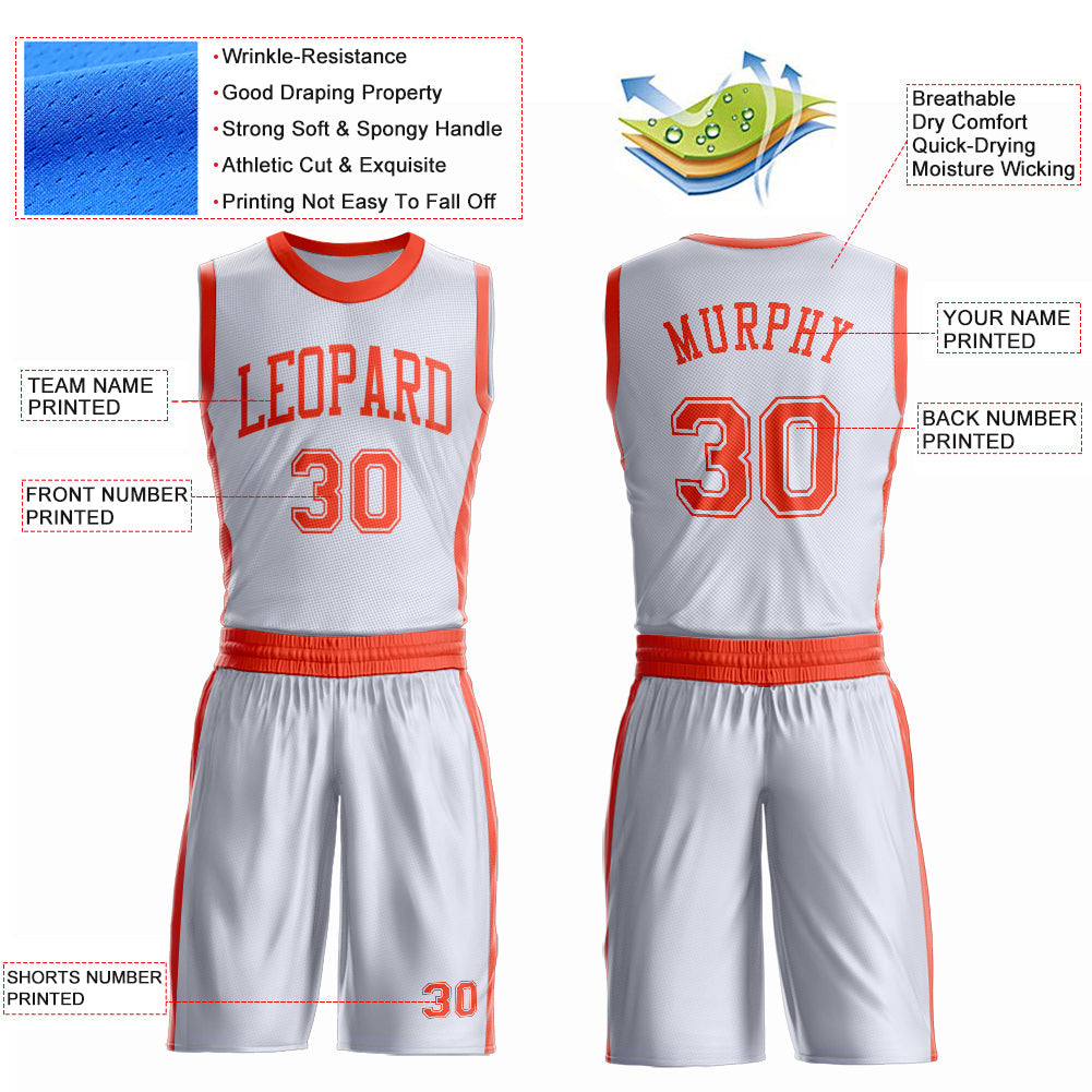 Custom White Orange Round Neck Basketball Uniform Jersey view 4