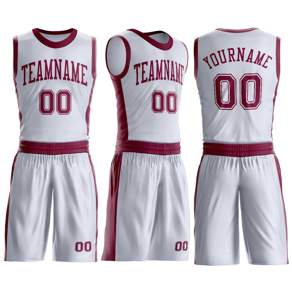 Custom White Maroon Round Neck Basketball Uniform Jersey view 3