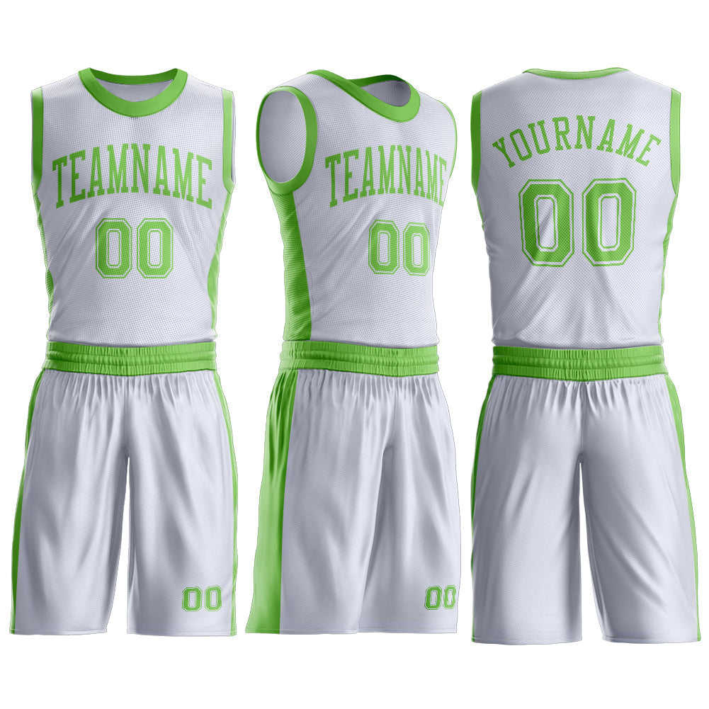 Custom White Neon Green Round Neck Basketball Uniform Jersey view 3