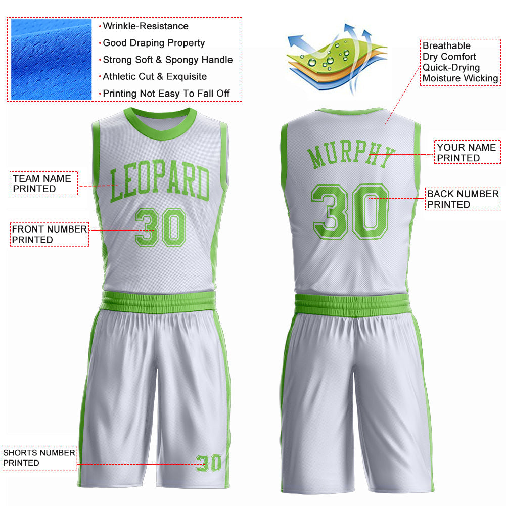 Custom White Neon Green Round Neck Basketball Uniform Jersey view 4